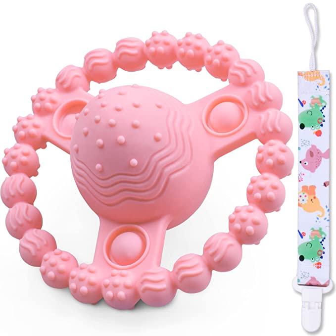 GJZZ Teething Toys for Babies 0-6 Months, Features Rattle Sound, BPA-Free Soft Silicone and Raised Texture Baby Toys, Soothe Sore Gums & Easy to Hold Infant Teether Toys 6-12 Months - Pink